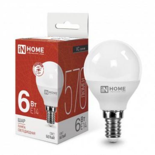Изображение Лампа светодиодная LED-ШАР-VC 6Вт шар 4000К нейтр. бел. E14 570лм 230В IN HOME 4690612020518