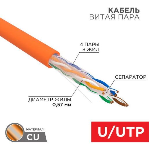 Изображение Кабель витая пара U/UTP кат.6 4х2х23AWG нг(А)-HF медь оранж. (305м) (м) Rexant 01-0050