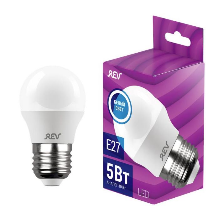 Изображение Лампа светодиодная LED-G45-E27-5Вт-4000K 5Вт шар 4000К нейтр. бел. E27 375лм 180-240В REV 32263 4