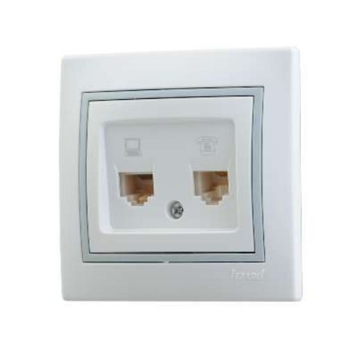 Изображение Розетка компьютерная + телефонная 2-м СП Mira RJ45 + RJ11 IP20 с сер. вставкой бел. LEZARD 701-0215-143